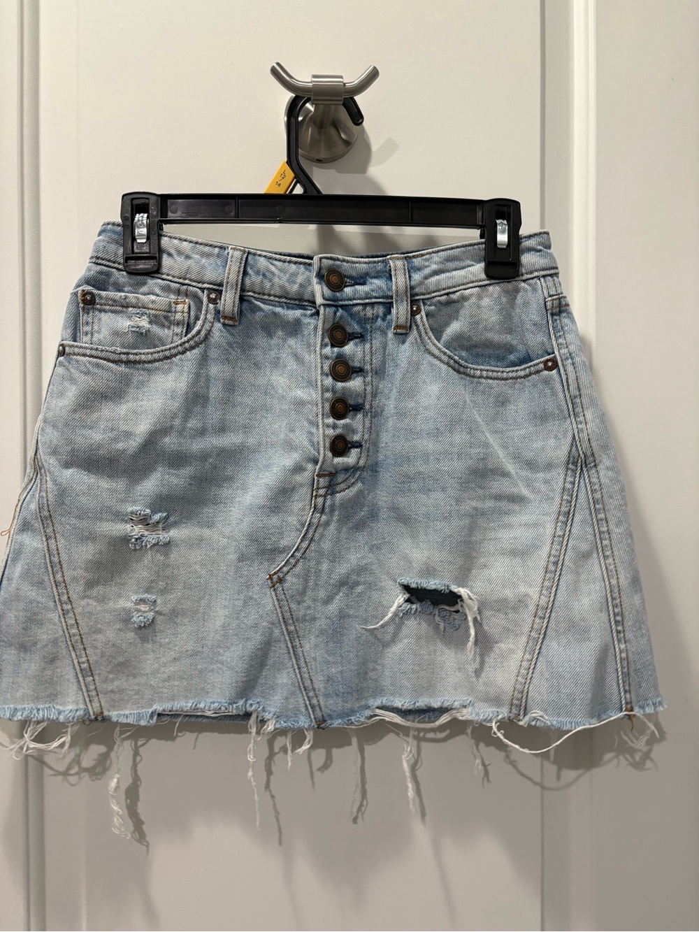 We The Free Light Blue Distressed Denim Mini Skirt with Button Front